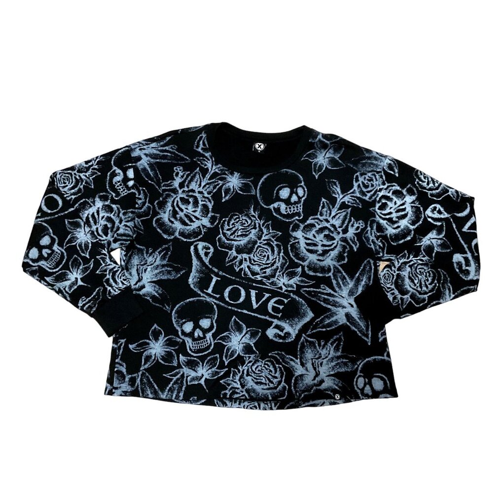 Circle X Skulls Tattoo Black Sweatshirt Sz M Skulls And Roses All Over Print